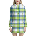 Lime And Blue Madras Plaid Print Pullover Hoodie Dress
