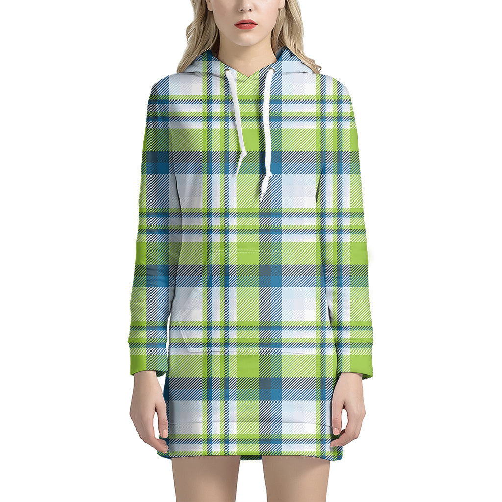 Lime And Blue Madras Plaid Print Hoodie Dress