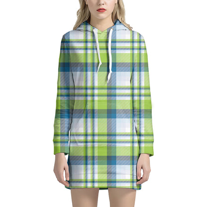 Lime And Blue Madras Plaid Print Hoodie Dress