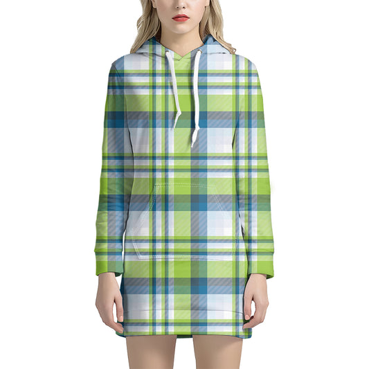 Lime And Blue Madras Plaid Print Hoodie Dress