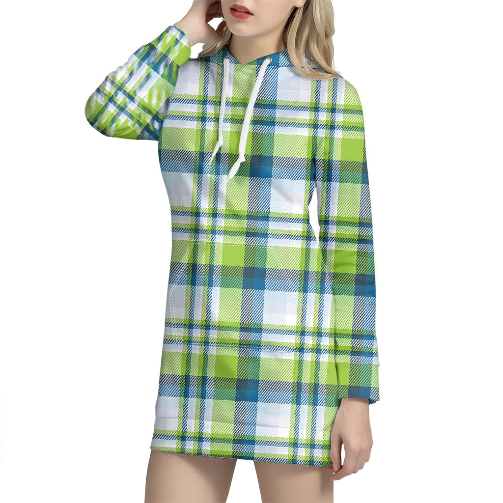 Lime And Blue Madras Plaid Print Hoodie Dress