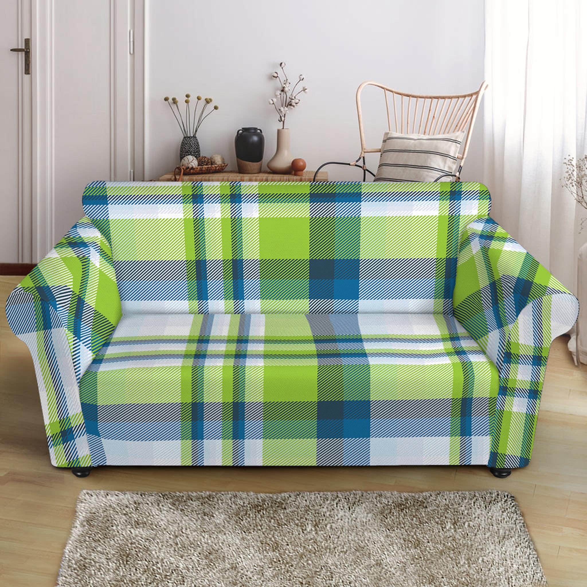 Lime And Blue Madras Plaid Print Loveseat Slipcover