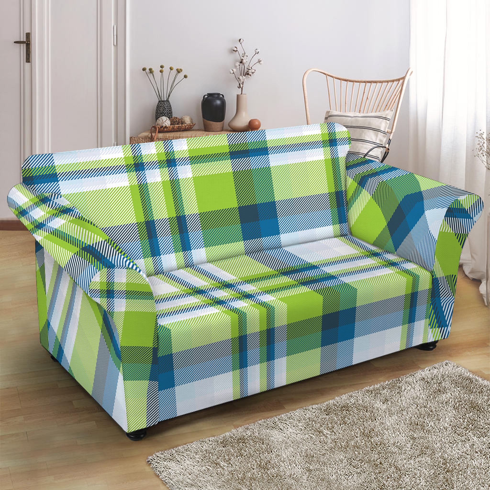 Lime And Blue Madras Plaid Print Loveseat Slipcover