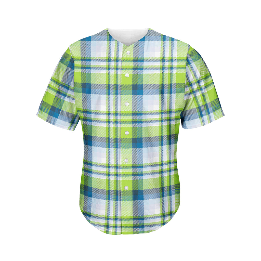 Lime And Blue Madras Plaid Print Men's Baseball Jersey
