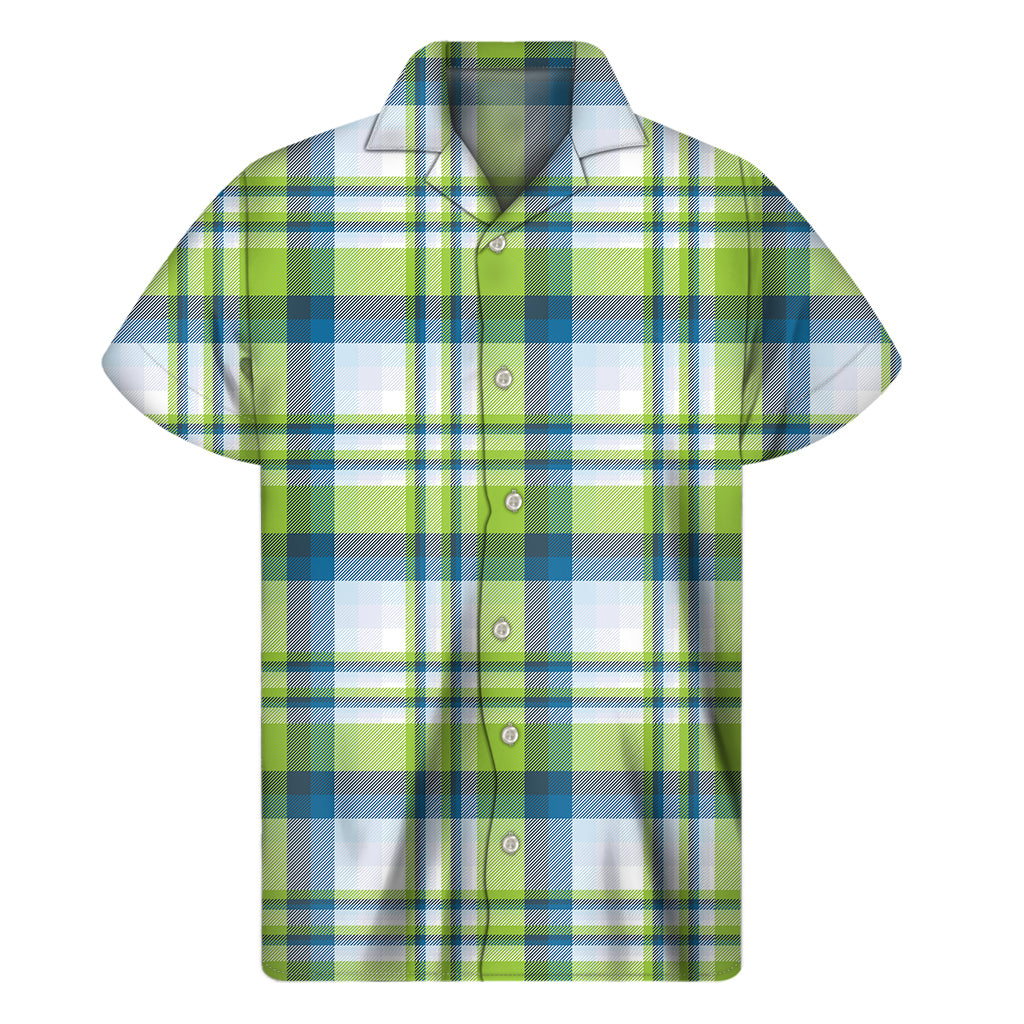 Lime And Blue Madras Plaid Print Men's Short Sleeve Shirt