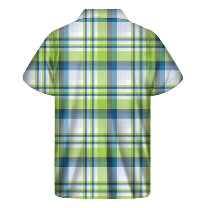 Lime And Blue Madras Plaid Print Men's Short Sleeve Shirt