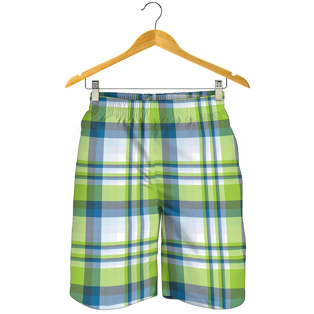 Lime And Blue Madras Plaid Print Men's Shorts