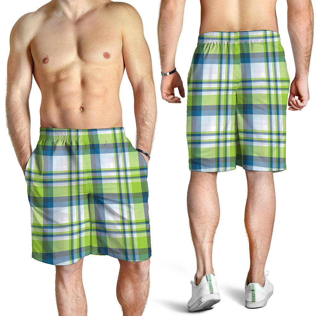 Lime And Blue Madras Plaid Print Men's Shorts