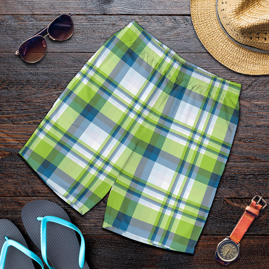 Lime And Blue Madras Plaid Print Men's Shorts