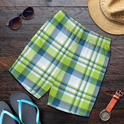 Lime And Blue Madras Plaid Print Men's Shorts