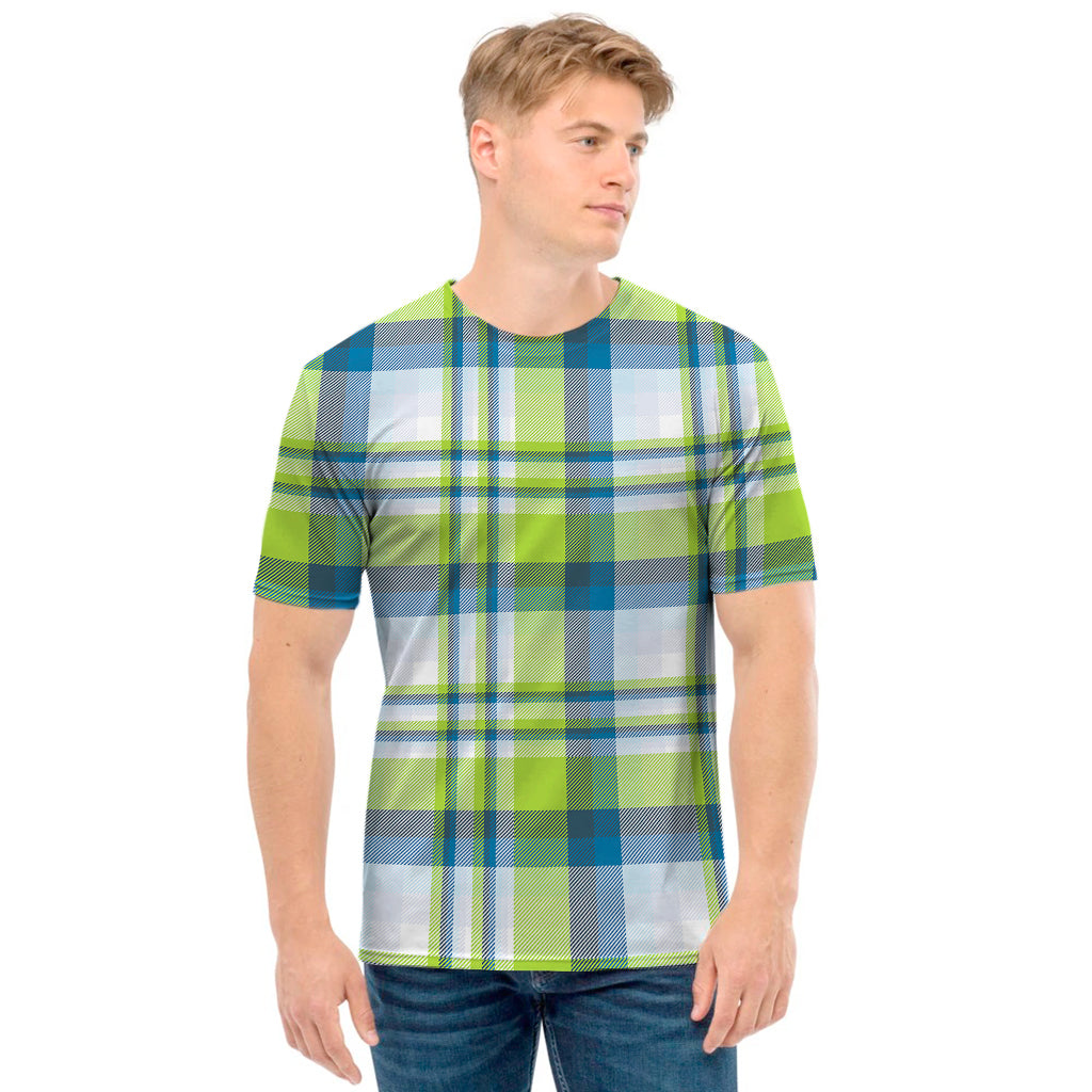 Lime And Blue Madras Plaid Print Men's T-Shirt