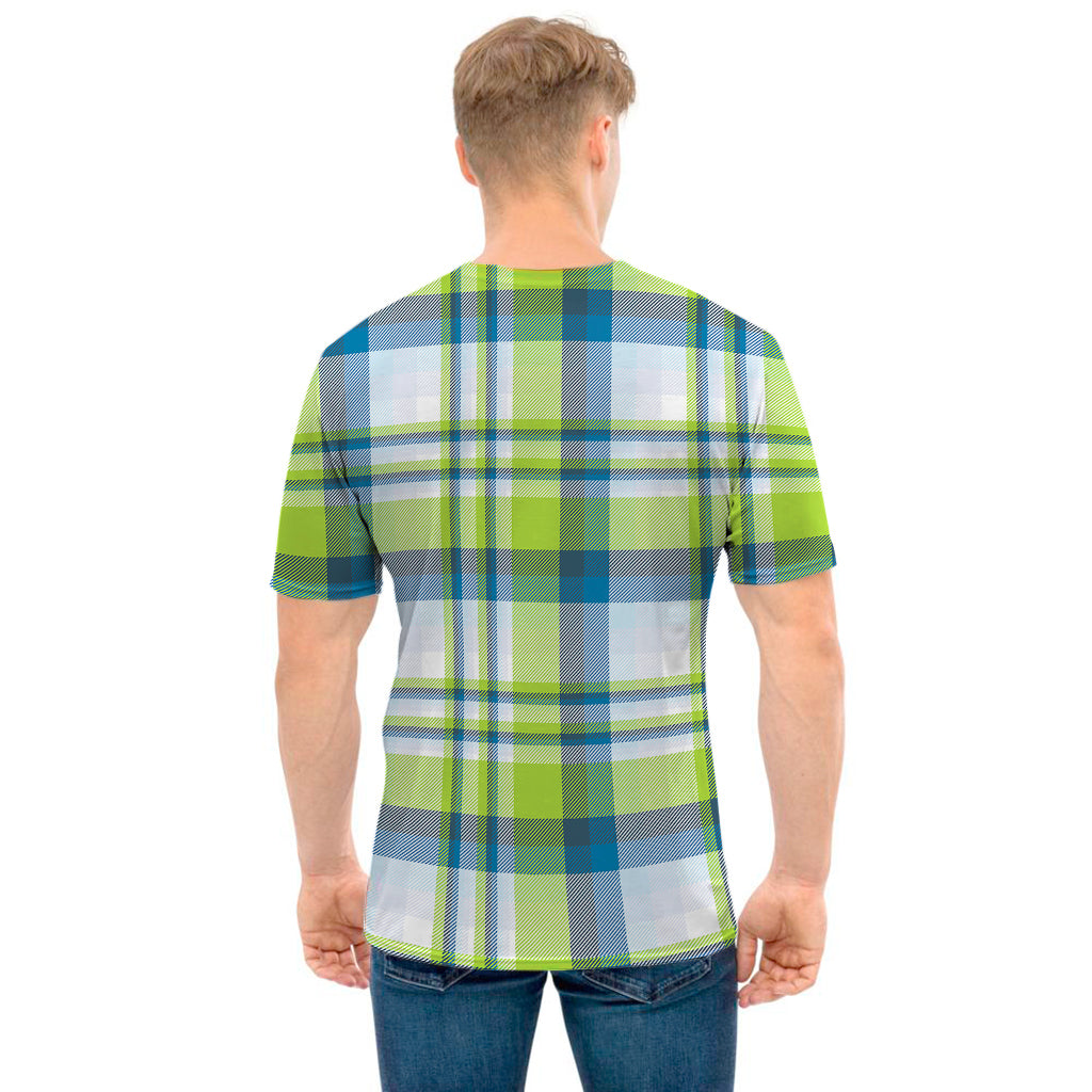 Lime And Blue Madras Plaid Print Men's T-Shirt