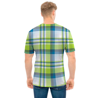 Lime And Blue Madras Plaid Print Men's T-Shirt