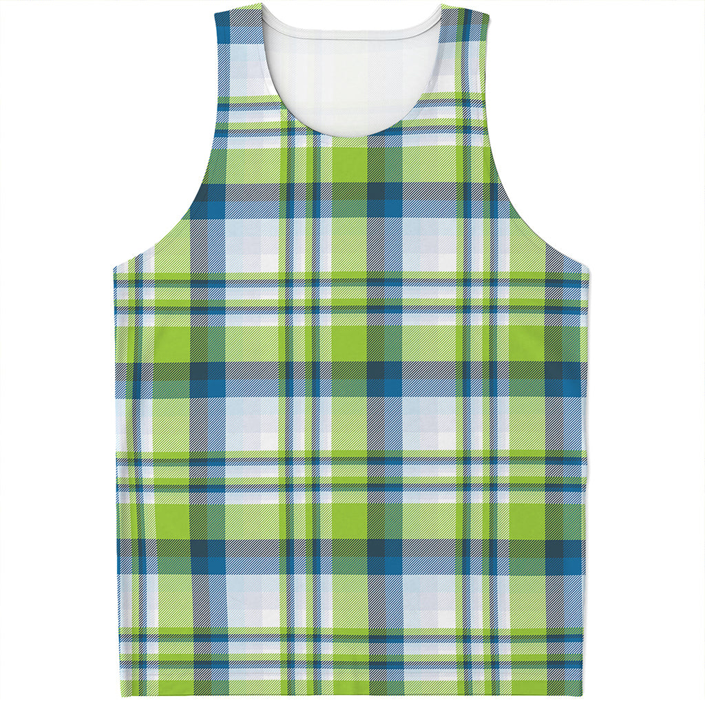 Lime And Blue Madras Plaid Print Men's Tank Top