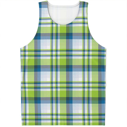 Lime And Blue Madras Plaid Print Men's Tank Top