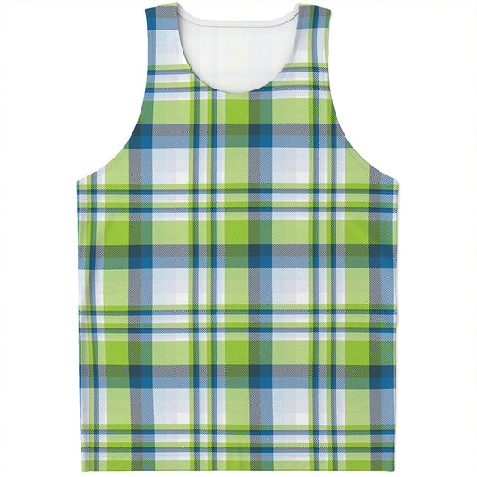 Lime And Blue Madras Plaid Print Men's Tank Top