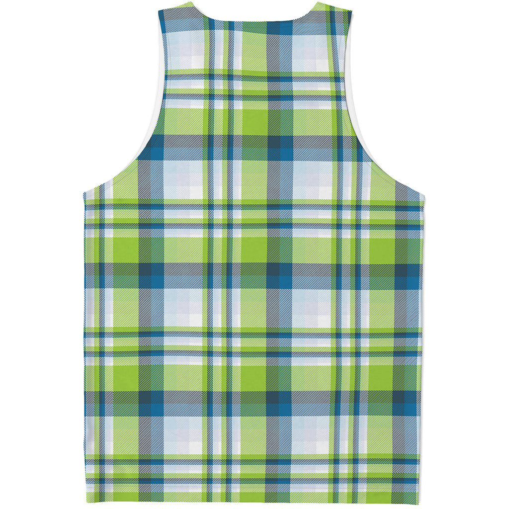 Lime And Blue Madras Plaid Print Men's Tank Top