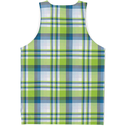 Lime And Blue Madras Plaid Print Men's Tank Top