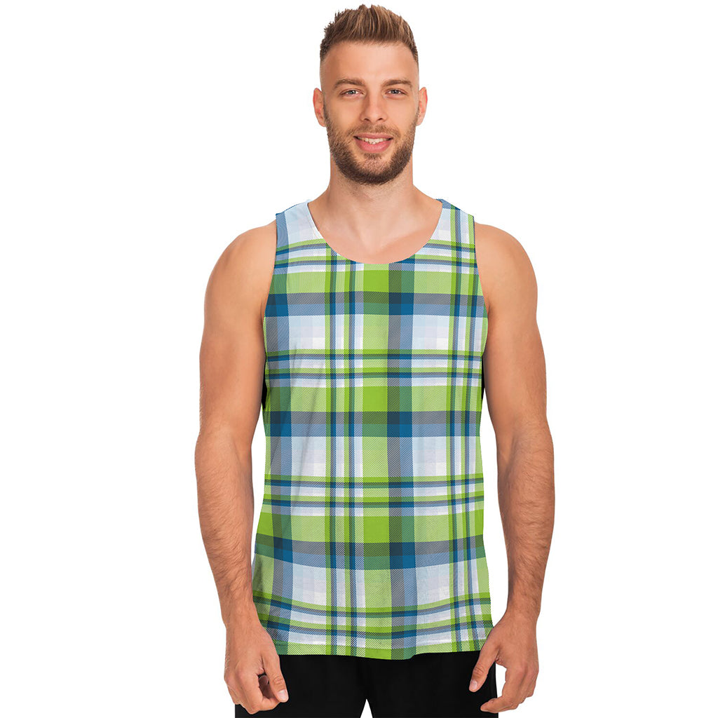 Lime And Blue Madras Plaid Print Men's Tank Top