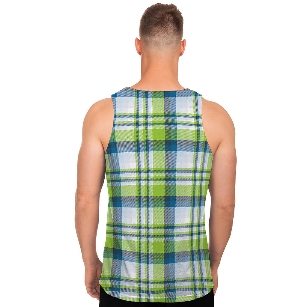 Lime And Blue Madras Plaid Print Men's Tank Top
