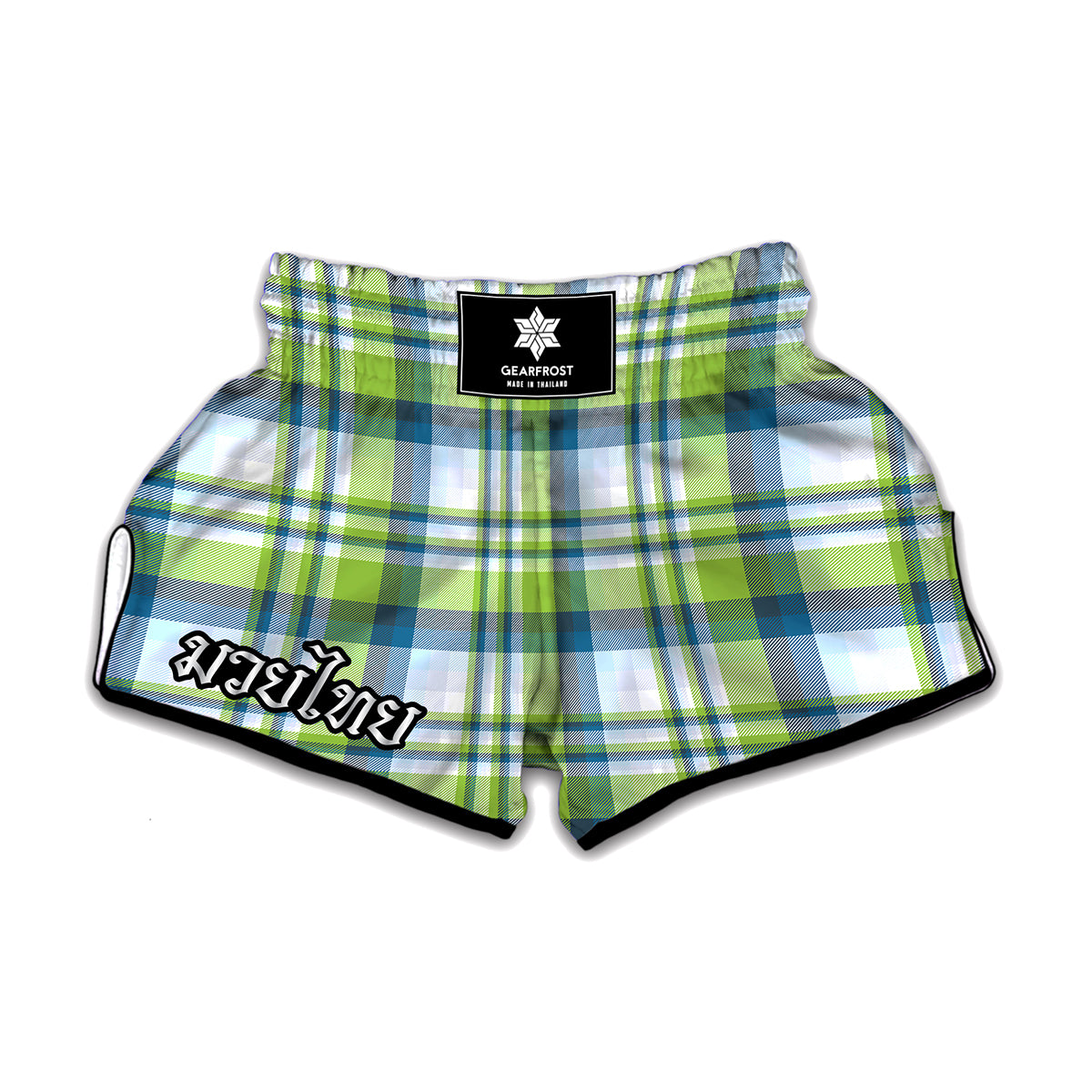 Lime And Blue Madras Plaid Print Muay Thai Boxing Shorts