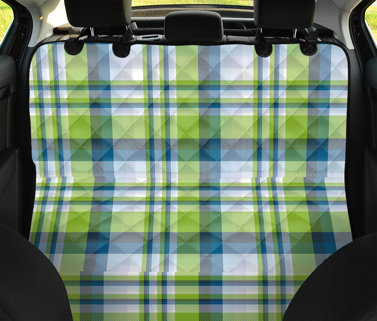 Lime And Blue Madras Plaid Print Pet Car Back Seat Cover