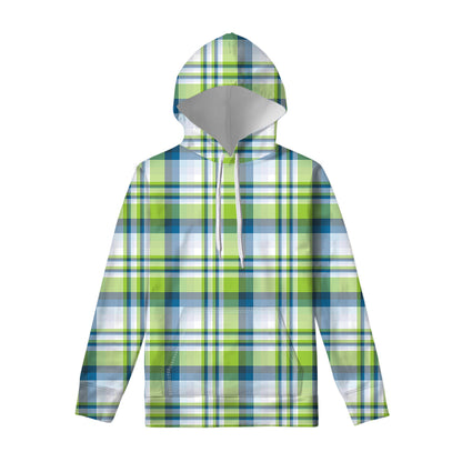 Lime And Blue Madras Plaid Print Pullover Hoodie