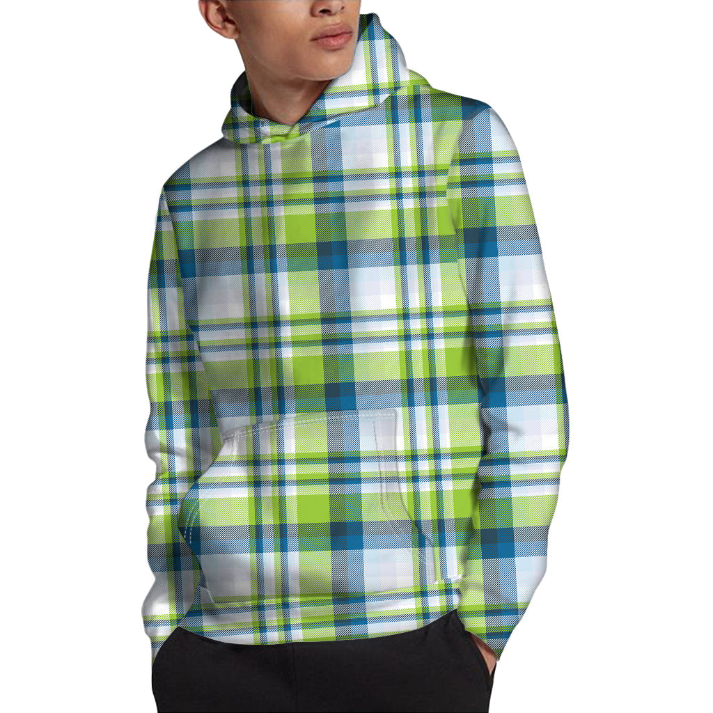 Lime And Blue Madras Plaid Print Pullover Hoodie