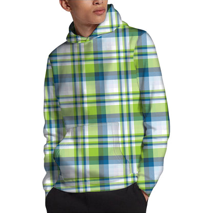 Lime And Blue Madras Plaid Print Pullover Hoodie