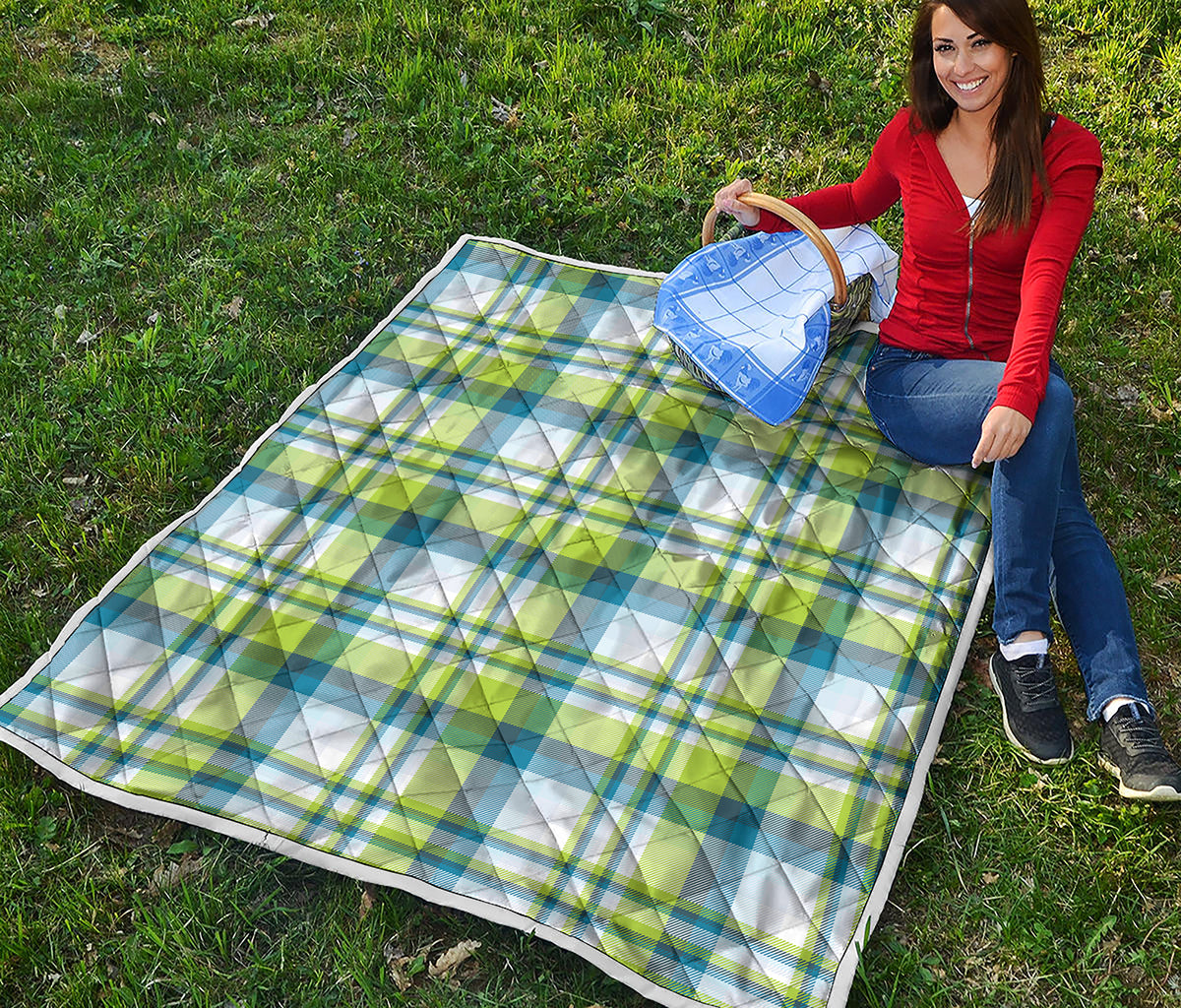 Lime And Blue Madras Plaid Print Quilt