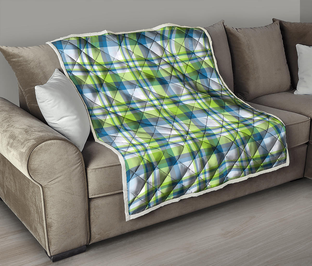 Lime And Blue Madras Plaid Print Quilt