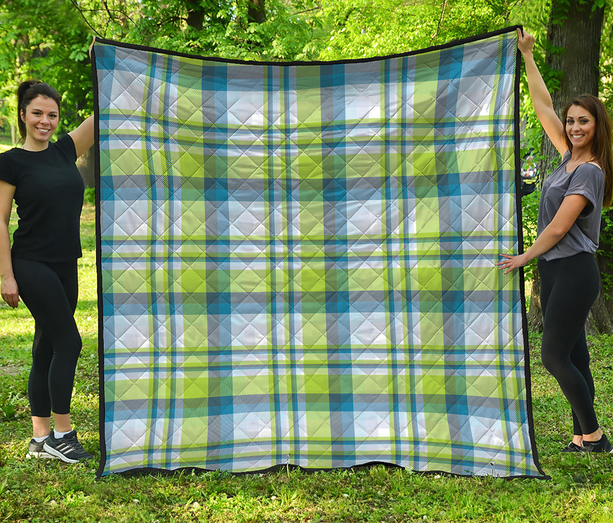 Lime And Blue Madras Plaid Print Quilt