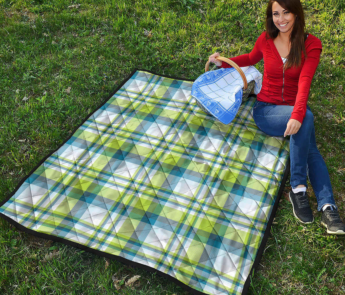 Lime And Blue Madras Plaid Print Quilt