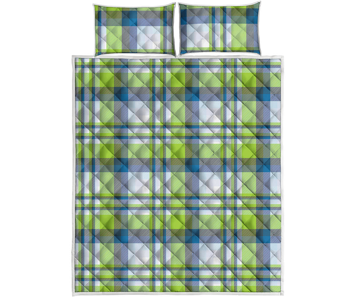 Lime And Blue Madras Plaid Print Quilt Bed Set