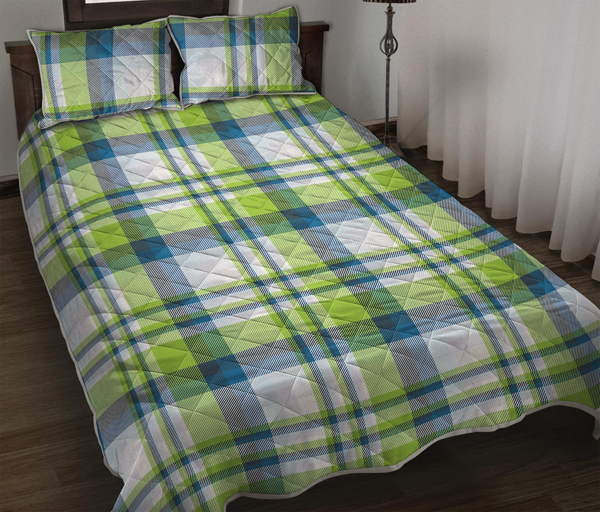 Lime And Blue Madras Plaid Print Quilt Bed Set