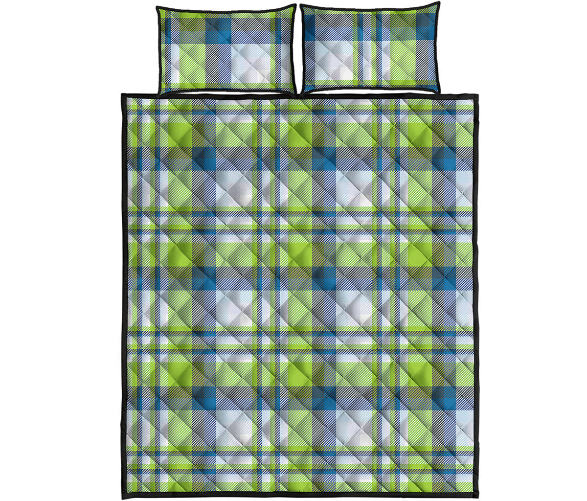 Lime And Blue Madras Plaid Print Quilt Bed Set