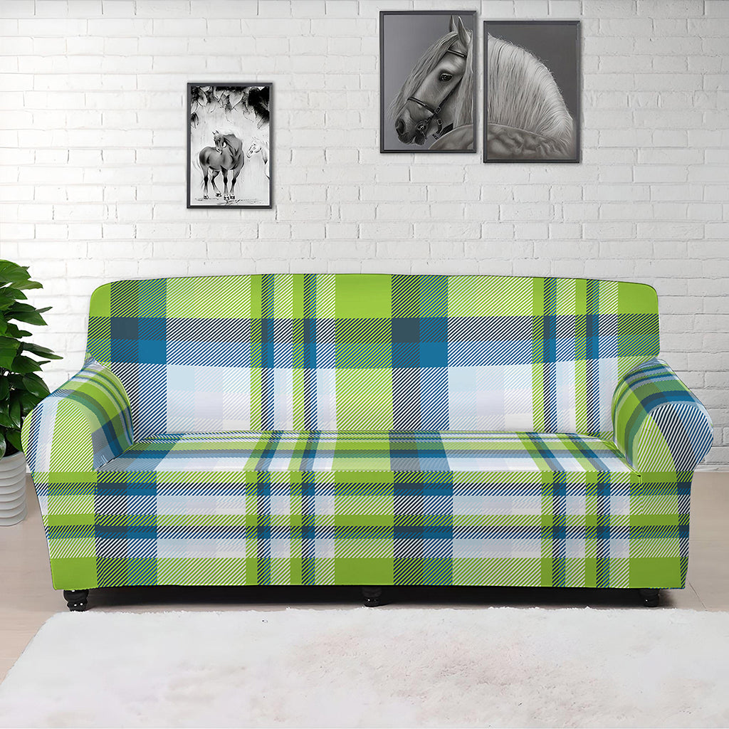 Lime And Blue Madras Plaid Print Sofa Cover