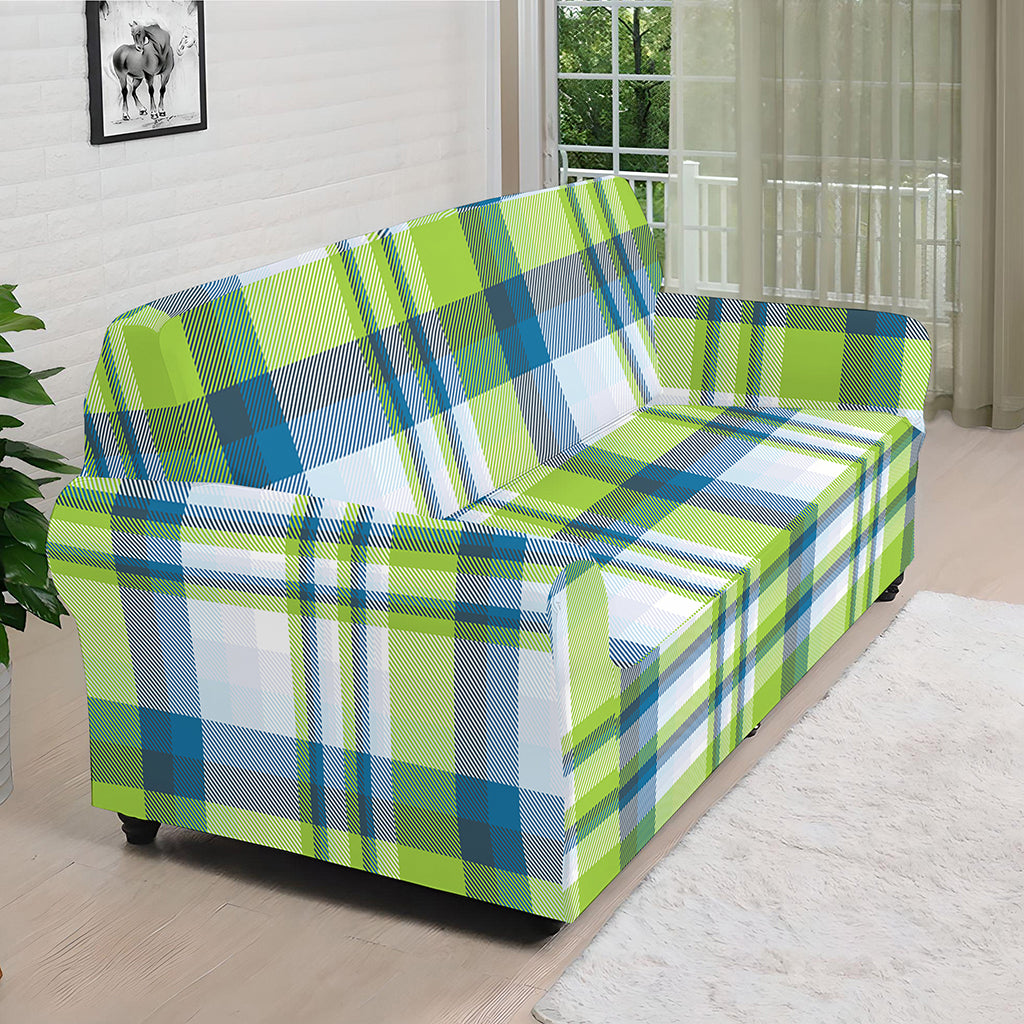 Lime And Blue Madras Plaid Print Sofa Cover