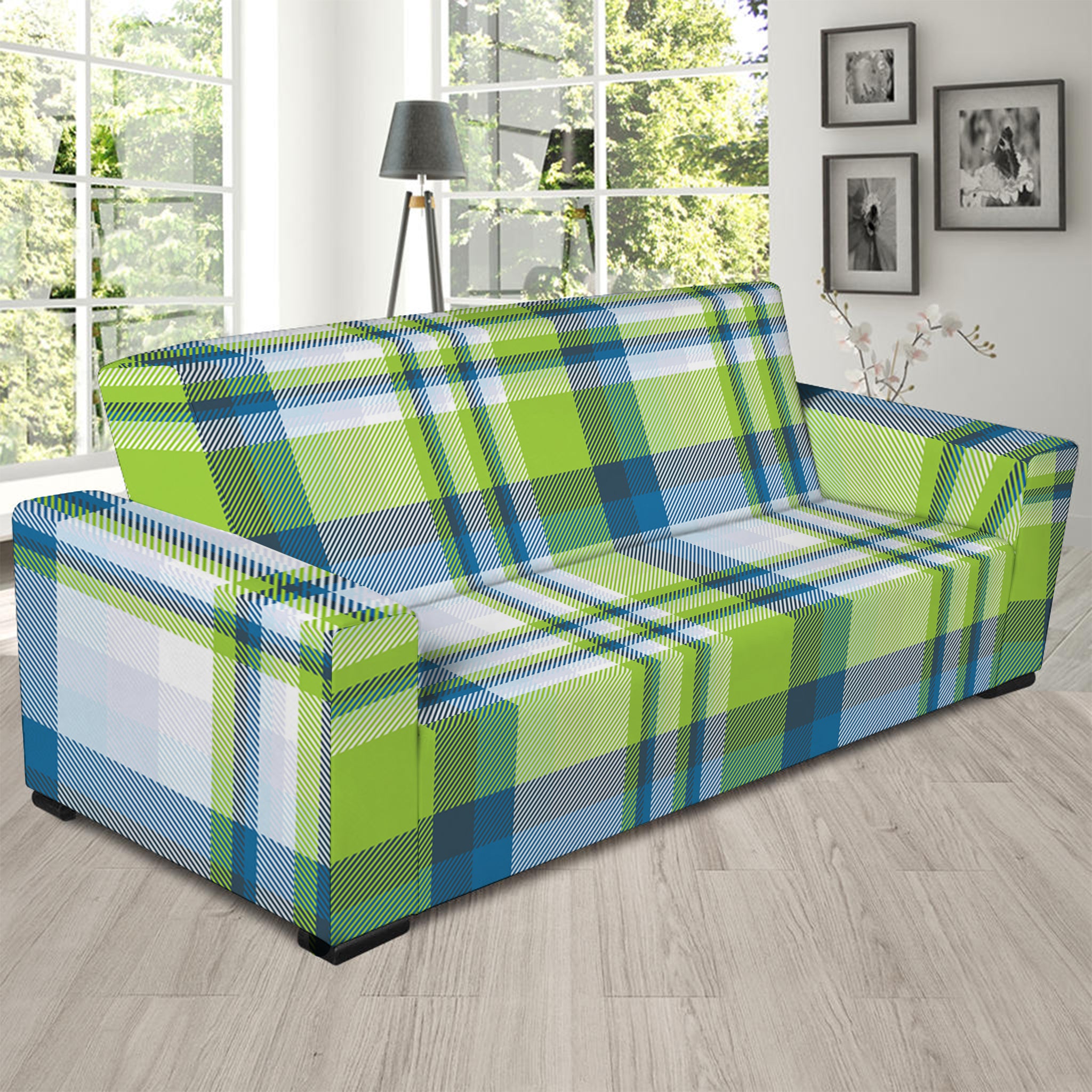 Lime And Blue Madras Plaid Print Sofa Slipcover