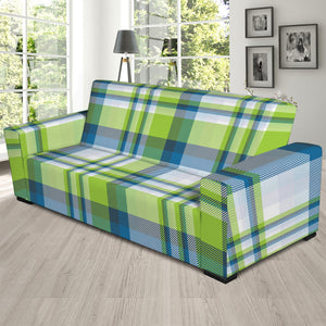 Lime And Blue Madras Plaid Print Sofa Slipcover