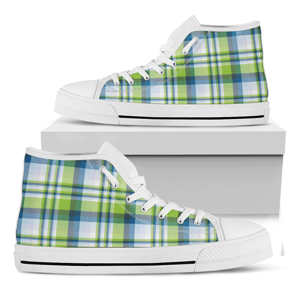 Lime And Blue Madras Plaid Print White High Top Shoes