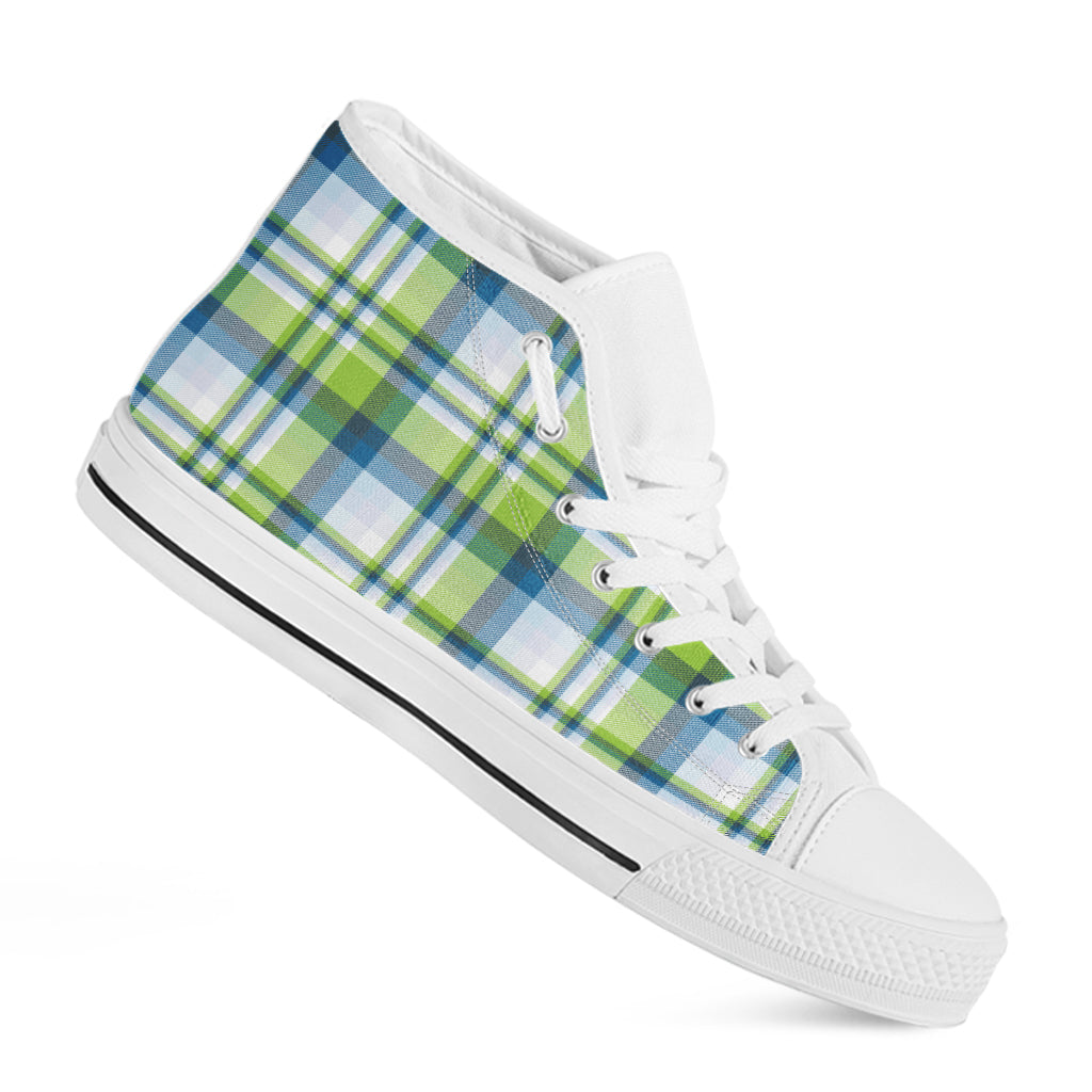 Lime And Blue Madras Plaid Print White High Top Shoes
