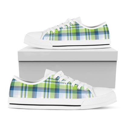 Lime And Blue Madras Plaid Print White Low Top Shoes