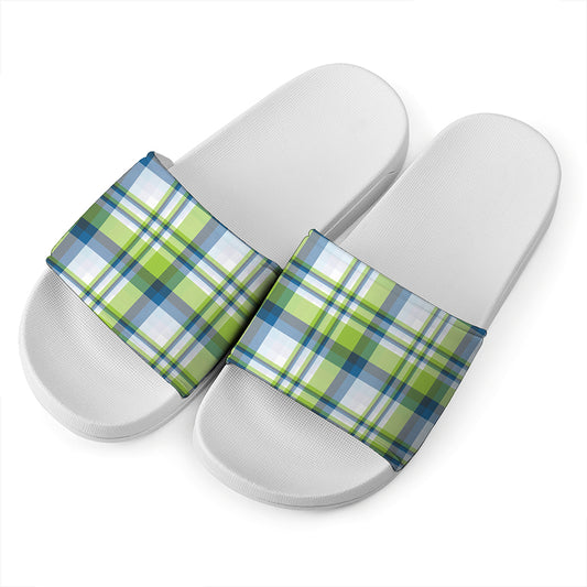 Lime And Blue Madras Plaid Print White Slide Sandals