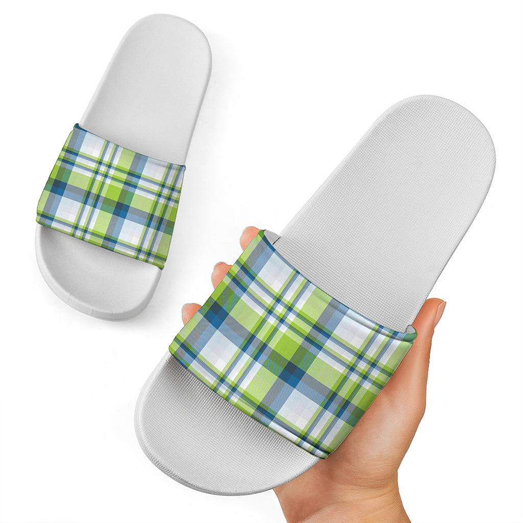 Lime And Blue Madras Plaid Print White Slide Sandals