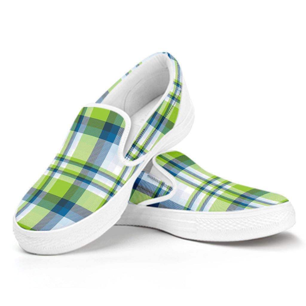 Lime And Blue Madras Plaid Print White Slip On Shoes