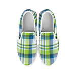 Lime And Blue Madras Plaid Print White Slip On Shoes