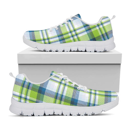 Lime And Blue Madras Plaid Print White Sneakers