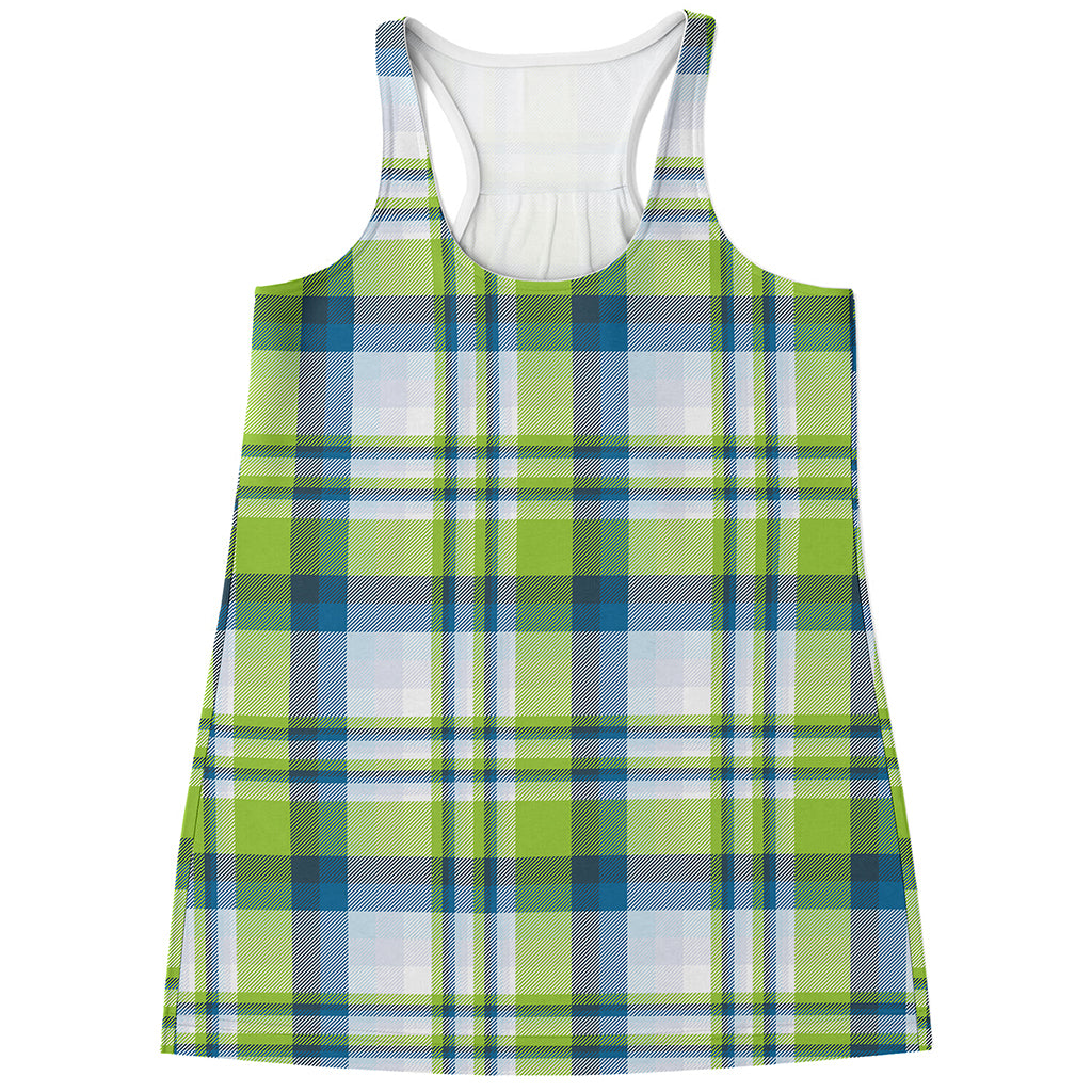 Lime And Blue Madras Plaid Print Women's Racerback Tank Top