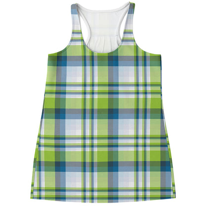 Lime And Blue Madras Plaid Print Women's Racerback Tank Top